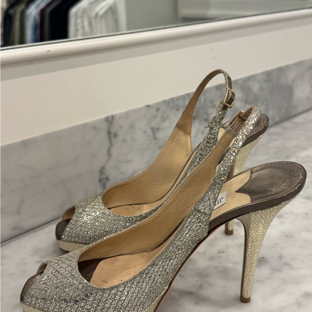 Jimmy Choo Silver Peep-Toe Slingback Heels Size 38.5